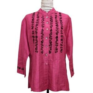 Bleu Bayou Silk Rose Pink Blouse Jacket Embroidery Mother of Pearl Buttons XL